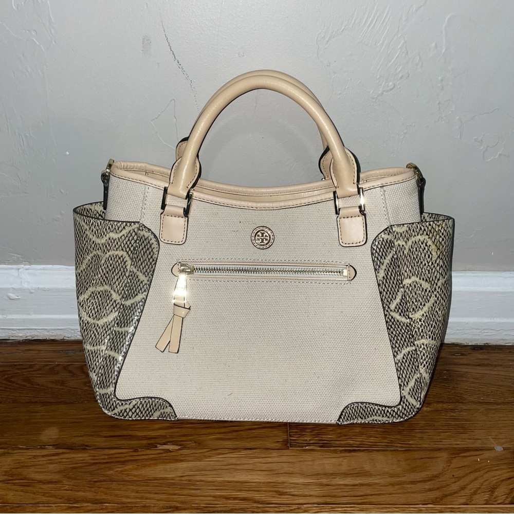 Tory Burch Frances Snakeskin Canvas Satchel Shoulder Bag - Picture 2 of 7